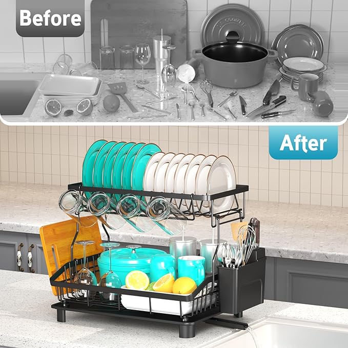 Dish Drying Rack - 2 Tier Large Capacity Dish Rack- Dish Racks for Kitchen Counter with Drainboard, Rustproof Dish Drainer with Removable Utensil Holder,Cutting Board Holder,Cup Holder, Black