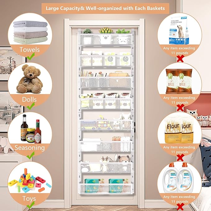 8-Tier Over The Door Pantry Organizer with Mesh Baskets, Adjustable & Stable Hanging Spice Rack for Kitchen, Bathroom, Bedroom, and Baby Essentials Storage (16" W 8-Tiers, White)