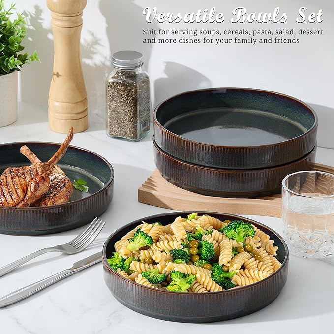 E-far Pasta Bowls Set of 4, 35oz Large Salad Bowl Plate for Dinner Serving, Wide & Shallow Ceramic Stoneware Pasta Plates, Microwave & Dishwasher Safe, Reactive Glaze Textured Stripes, Blackish Green