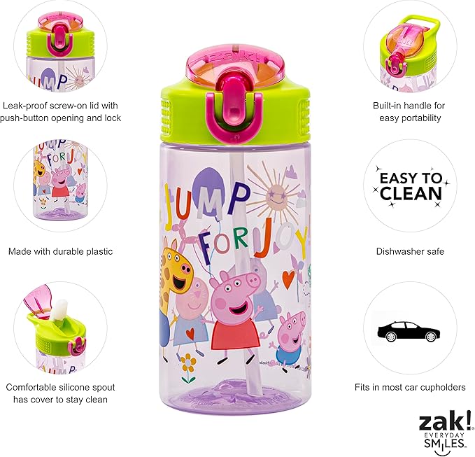 Zak Designs Peppa Pig Kids Water Bottle For School or Travel, 16oz Durable Plastic Water Bottle With Straw, Handle, and Leak-Proof, Pop-Up Spout Cover (Peppa & Friends)