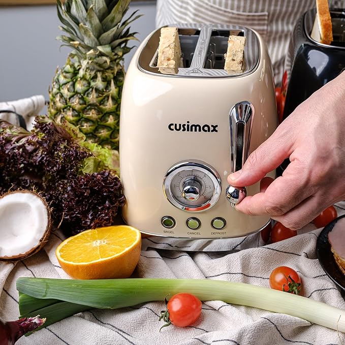 CUSIMAX Toaster 2 Slice with Extra Wide Slots for Bagels, Stainless Steel Retro Toaster with 6 Toast Settings and 4 Functions, Bagel, Cancel, Defrost & Reheat, Removable Crumb Tray, Cream