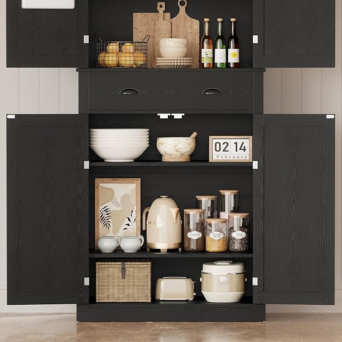 IRONCK Kitchen Pantry Storage Cabinet 83.9" H, with Barn Doors, Drawer, 4 Adjustable Shelves, Freestanding Cupboard for Dining Room Living Room, Laundry, Black