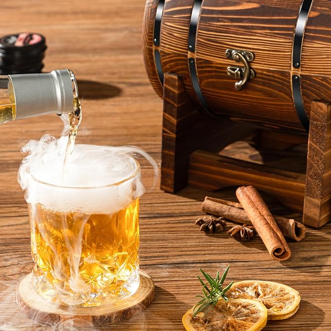Whiskey Smoker Kit with Charred Wood Barrel (Patent Pending) – Cocktail Smoker with Torch & 6 Premium Wood Chips for Old Fashioned & Whiskey – Perfect Home Bar Gift for Men, Dad, Husband (No Butane)