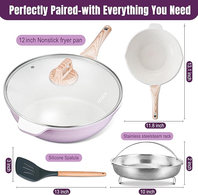 AOSION 12 Inch Nonstick Ceramic Deep Frying Pan,5.5QT Sauté Pan with lid,Large Skillet with Steam Rack,Healthy Jumbo Cooker,Stay Cool Handle,Induction Compatible, PFOA & PFAS Free. (PURPLE)