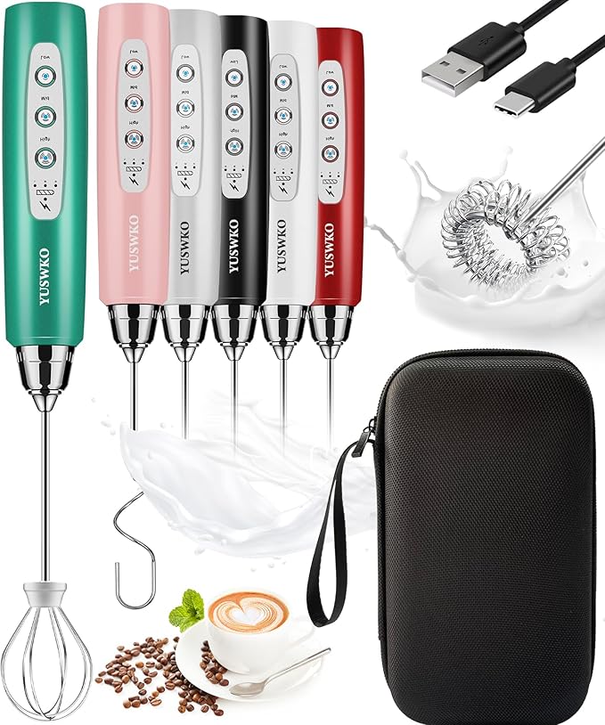 YUSWKO Rechargeable Milk Frother for Coffee, Handheld Drink Mixer with 3 Heads 3 Speeds, Ideal Coffee Frother Wand for Travel - Green