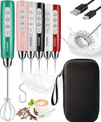 YUSWKO Rechargeable Milk Frother for Coffee, Handheld Drink Mixer with 3 Heads 3 Speeds, Ideal Coffee Frother Wand for Travel - Green