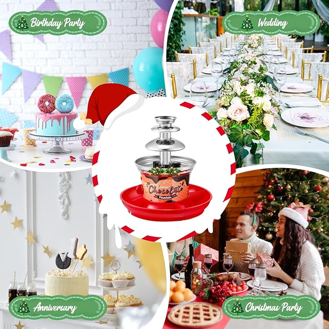 Huanyu 3-Tier Mini Chocolate Fountain Machine 10 Bamboo Skewers Removable Serving Tray 16-Ounce Chocolate Fondue Fountain for Party Birthday Wedding Chocolate Nacho Cheese BBQ Sauce Liqueurs (Red)