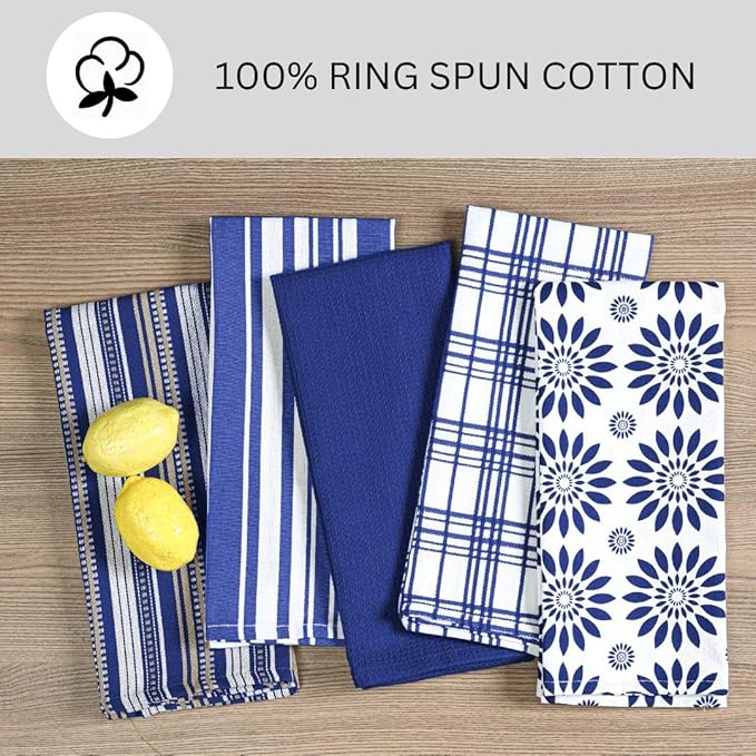 Assorted Kitchen Towels Large 16x26 Inch 100% Cotton Set of 5 - Dish Cloths Towels with Hanging Loop - Soft Absorbent Washable Tea Towels for Kitchen - Quick Drying Dish Towels Navy Blue