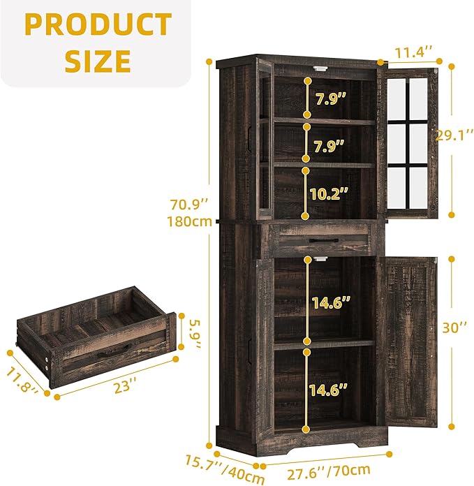 DWVO Farmhouse Kitchen Pantry Cabinet, 71" Tall Storage Cabinet with Adjustable Shelves & Glass Doors, Freestanding Kitchen Cupboard for Dining Room, Living Room, Dark Brown Oak