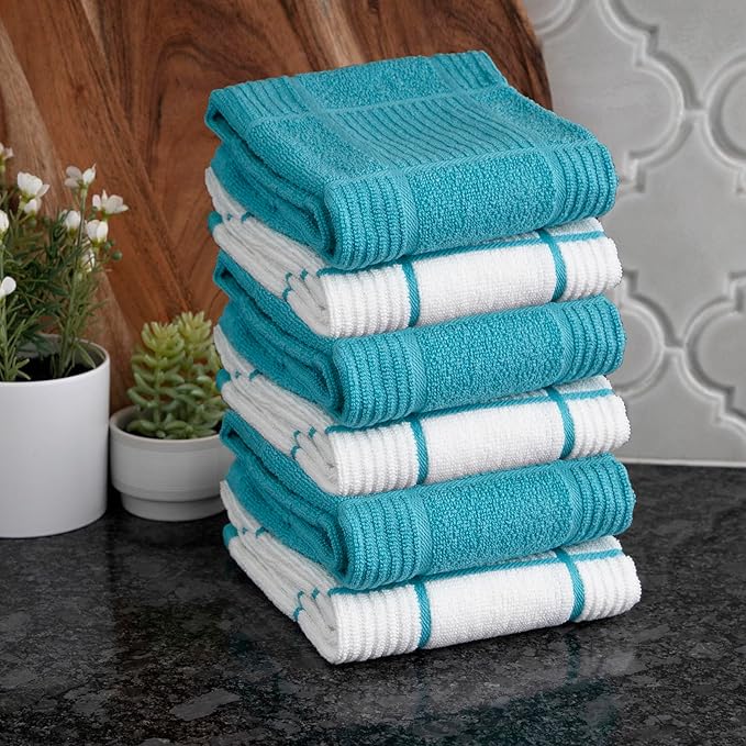 T-fal Solid & Checked Parquet Kitchen Towels: Highly Absorbent, Super Soft Long Lasting - 100% Cotton, 16"x26" Dish Towels for Cleaning & Drying Dishes, Pans, Glassware, Countertops, 6-Pack, Breeze