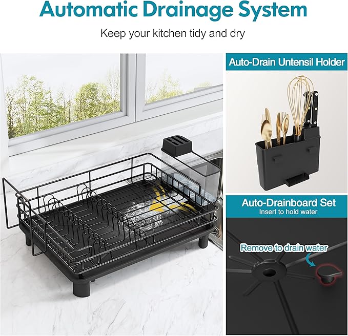 BOOSINY Dish Drying Rack for Kitchen Counter, Stainless Steel Dish Drainers with Drainboard Set, Space Saving, Compact Metal Plates Strainers Rack with Cup Holder, Utensil Holder