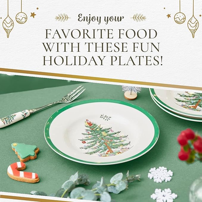 Spode Christmas Tree 8" Salad Plate Set of 4- Festive Holiday Stoneware Plate with Christmas Tree Design, Green Bordered Edges, Microwave, Dishwasher, Freezer, Oven Safe