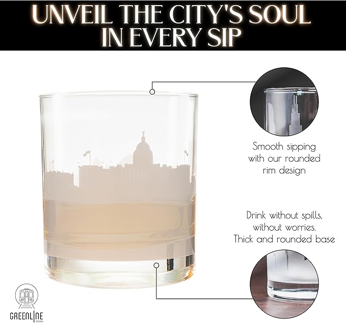 Greenline Goods Skyline Etched Washington, DC Whiskey Glasses (Set of 2) | Old Fashioned Tumbler – For Washington, DC Lovers