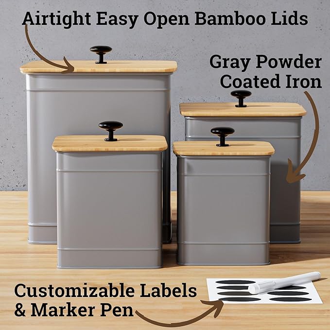 Kitchen Canisters for Countertop Set of 4 with Customizable Chalkboard Labels & Marker Pen - Big Iron Kitchen Canisters with Airtight Lids - Gray Canister Set - Flour and Sugar Containers Farmhouse