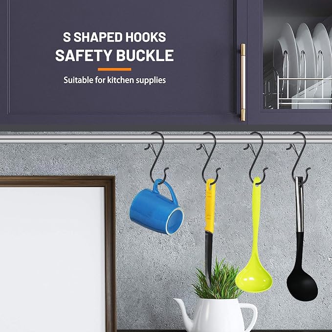 36 Pcs S Hooks for Hanging with Safety Buckle, 3.5 inch Heavy Duty Metal S Shaped Hooks Stainless Steel for Hanging Kitchen Utensil, Cups, Pots, Plants, Bags, Hats (Black)