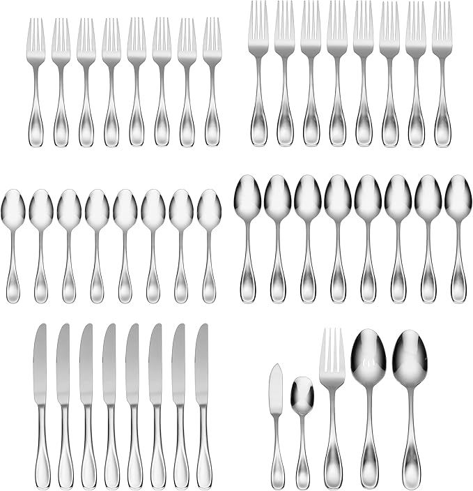 Oneida Silverware Set For 8, Voss 45-Piece Everyday Flatware Set with Serving Utensils, Service For 8, 18/0 Stainless Steel, Mirror Finish, Dishwasher Safe, Knives Spoons and Forks (Silver, 45 Pieces)