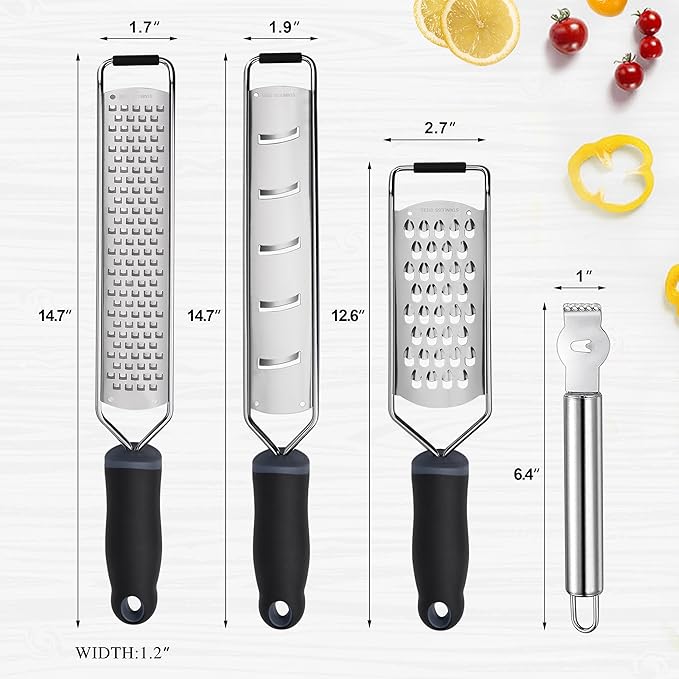 ALLWIN-HOUSEWARE Cheese Grater Zester Set of 5, 304 Stainless Steel with TPE Handle Kitchen Grater & Peeler & Slicer for Cheese, Lemon, Ginger, Garlic, Nutmeg, Fruits, Vegetables, Chocolate