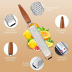 ALLWIN-HOUSEWARE Cheese Grater Zester Set of 5, 304 Stainless Steel with Acacia Wood Handle Kitchen Grater & Peeler & Slicer for Cheese, Lemon, Ginger, Garlic, Nutmeg, Fruits, Vegetables, Chocolate