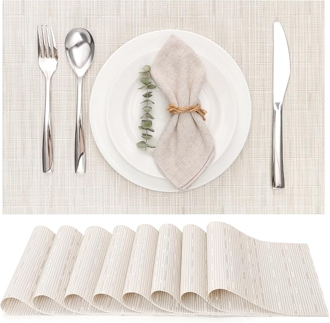 Myir JUN Placemats Set of 8, Vinyl Woven Placemats Place Mats Indoor Set of 8 Washable Table Mats Non-Slip Place mats for Dining Table (B-White, Set of 8)