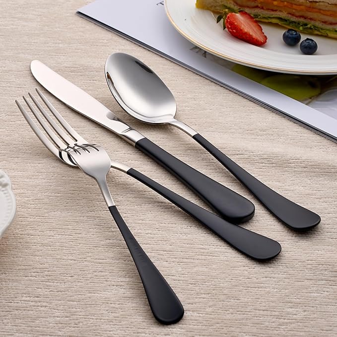 20-Piece Black Silverware Set 18/0 Stainless Steel Silverware Set Black Handle Cutlery Set Service for 4 Dinner Knives Forks Spoons Set Flatware Set Finish Dishwasher Safe