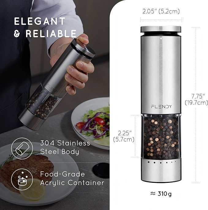 Electric Salt and Pepper Grinder Set Rechargeable, Automatic Salt and Pepper Grinder Set with Oversized Top Button, Stainless Steel Electric Salt and Pepper Shakers Set