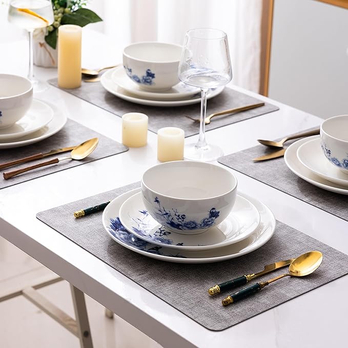 LERATIO Ceramic Dinnerware Sets,Blue and White Plates and Bowls Set,Highly Chip and Crack Resistant | Dishwasher & Oven & Microwave Safe | Round Dishes Set Service for 4 (12pc)- Peony