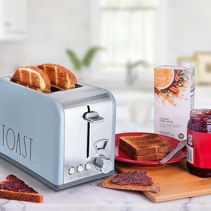 Rae Dunn Toaster, Stainless Steel 2 Slice Square Toaster, Wide Slot with 5 Browning Levels, with Bagel, Defrost and Cancel Options (Baby Blue)