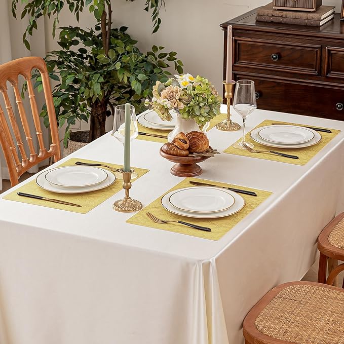 Romanstile Vinyl Placemats Set of 4-12 X 18 Inch - Heat Resistant Non-Slip Embossed Floral Place Mats 100% Waterproof Oilproof Wipeable Faux Leather Table Mats for Kitchen/Dining/Party, Yellow