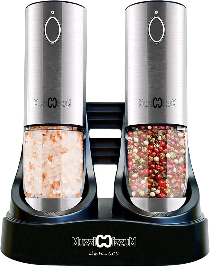 Electric Salt and Pepper Grinder Set with USB Charging Base, Upgraded 95ml Larger Capacity, Adjustable Coarseness,Stainless Steel Automatic Pepper Mill with One-Hand Operation, 2 Pack (Silver+Silver)