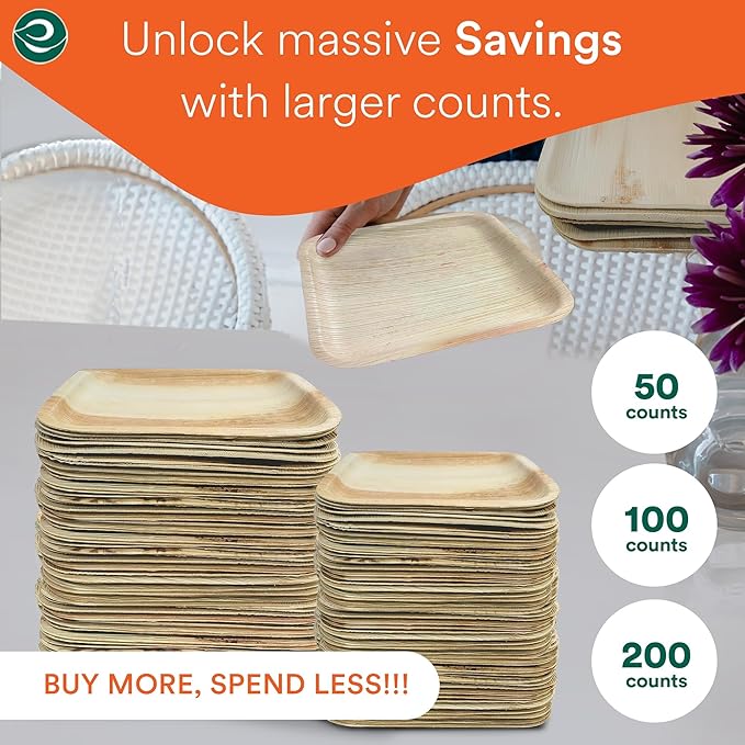 ECO SOUL Compostable 7 & 10 Inch Palm Leaf Square Plates (100 Count) Like Bamboo Plates | Biodegradable | Eco-Friendly, Microwave & Oven Safe - Party Pack