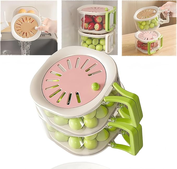 2 Pcs Multipurpose Fruit washing Strainer Container with Lid,2 in 1 Drain Basket for Fruit, Portable Fruit Drainer Container with Handle,Fruit Colander for Kitchen and Outdoor (Pink)