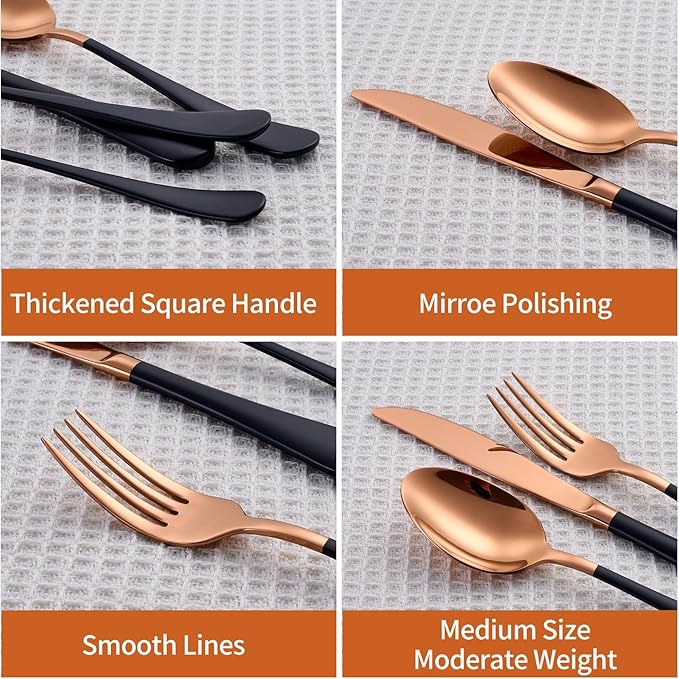 20 Piece Rose Gold and Black 18/0 Flatware Utensil Set for 4, Include Dinner Knife,Dinner Forks,Dinner Spoons,Salad Forks,Teaspoons,Silverware Set for 4, Dishwasher Safe
