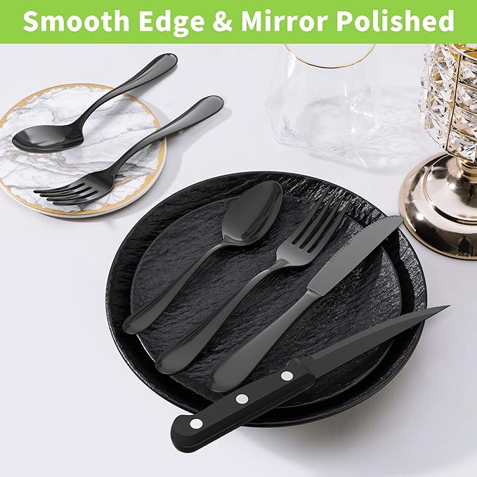 24-Piece Black Silverware Set with Steak Knives, Stainless Steel Flatware Cutlery Set for 4, Spoons Forks and Knives Sets, Mirror Finished Utensil Sets Dishwasher Safe for Home Restaurant