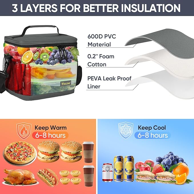 BALEINE Insulated Lunch Bag for Men Women, 15 Can Leakproof Cooler Bag with Adjustable Shoulder Strap for Work Picnic, Lunch Box for Women Men (Medium, Grey)