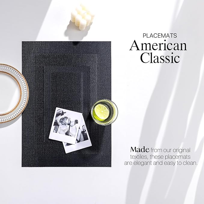LEXMORE PVC Woven Placemats 8 PCS Wipeable Indoor/Outdoor Table Mats Washable Vinyl Place Mats for Dining Table, Set of 8-Black Cube