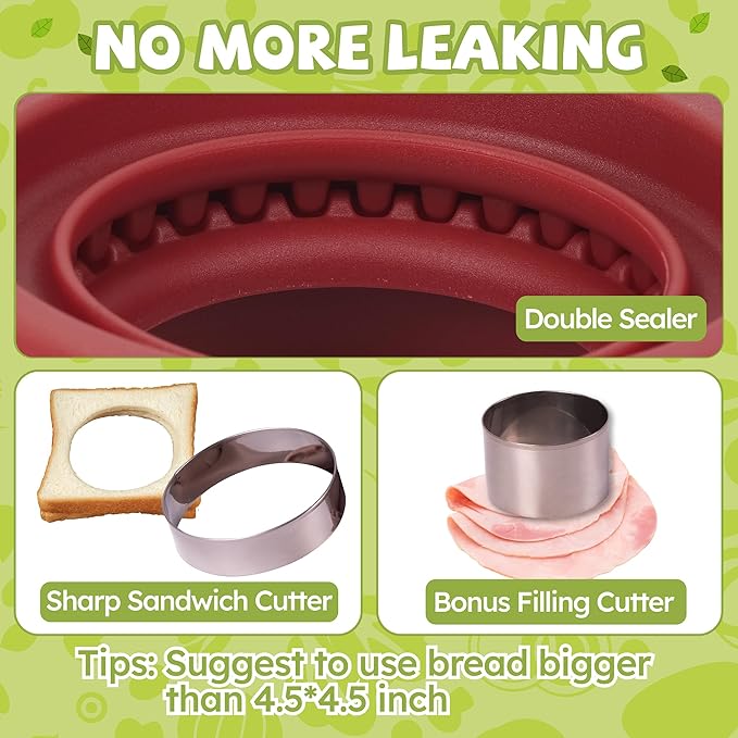 Uncrustables Sandwich Maker Sealer Cutter, Crustless Sandwich Cutter, PB&J Uncrustable Maker - Color Dark Red, Round Shape
