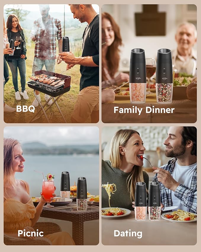 Sangcon Gravity Electric Salt and Pepper Grinder Set RECHARGEABLE Automatic Salt Pepper Shakers USB-C No Battery Needed - LED Light One Hand Operation, External Adjustable Coarseness Pepper Mill
