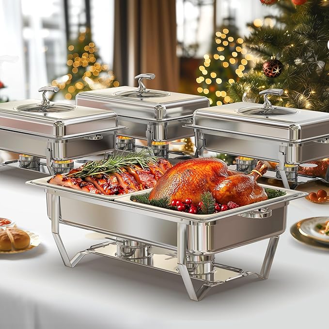 Chafing Dishes for Buffet with Glass Lid (9QT, 4Pack) - Food-Grade Stainless Steel, Rolled Rim Design, Foldable Frame, Lid Holder, Buffet Servers and Warmers Parties, Catering, Weddings