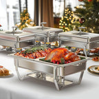 Chafing Dishes for Buffet with Glass Lid (9QT, 4Pack) - Food-Grade Stainless Steel, Rolled Rim Design, Foldable Frame, Lid Holder, Buffet Servers and Warmers Parties, Catering, Weddings