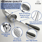 Premium Garlic Press Set - Easy to Squeeze Ergonomic Handle Garlic Crusher - Rust Proof & Dishwasher Safe Garlic Mincer Tool, Garlic Press Stainless Steel, Garlic Peeler & Brush (Chrome Silver)