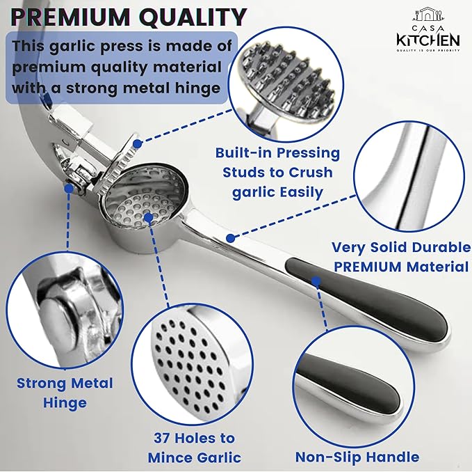 Premium Garlic Press Set - Easy to Squeeze Ergonomic Handle Garlic Crusher - Rust Proof & Dishwasher Safe Garlic Mincer Tool, Garlic Press Stainless Steel, Garlic Peeler & Brush (Chrome Silver)