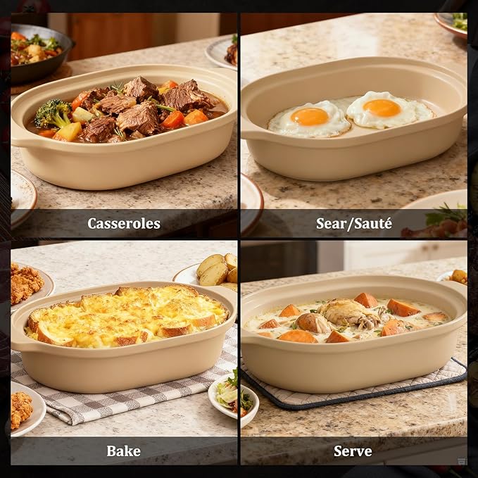 MAGNIFIQUE Casserole Dishes for Oven, 9x12 Porcelain Baking Dish, 4 Quarts Lasagna Pan with Handles, Oven Safe up to 500°F or on Stovetop, Use to Marinate, Cook, Bake, and Serve, Brown