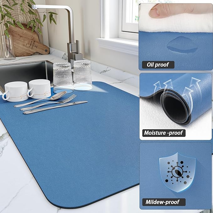 Dish Drying Mat for Kitchen Counter, Heat Resistant Drainer Mats with Non-slip Rubber Backed, Hide Stain Kitchen Super Absorbent Draining Mat, Easy to Clean Dish Rack Pad, Blue 16"x20"