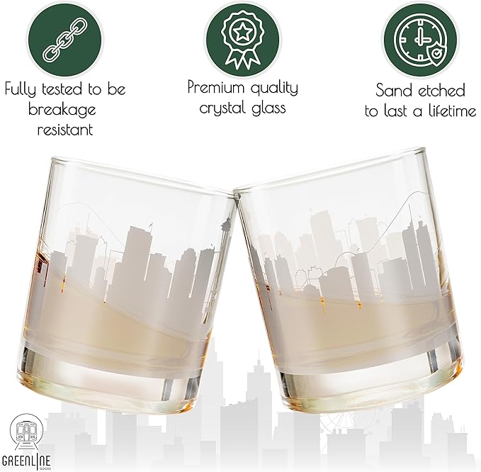Greenline Goods Skyline Etched Seattle Whiskey Glasses Gift (Set of 2) | Old Fashioned Tumbler – For Seattle Lovers