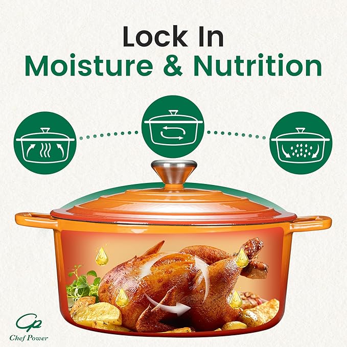 Chef Power Dutch Oven Pot with Lid 5QT, Enameled Cast Iron Dutch Oven for Bread Baking, Braising, Stews, Roasting, Oven Safe Dutch Ovens, Gradient Orange