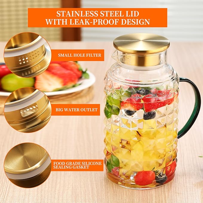 2 Liter (68oz) Glass Pitcher with Lid and Spout, Heavy Duty Water Jug with Handle Borosilicate Heat Resistant Carafe for Hot/Cold Drinks -for Iced Tea, Coffee, Lemonade, Infused Water