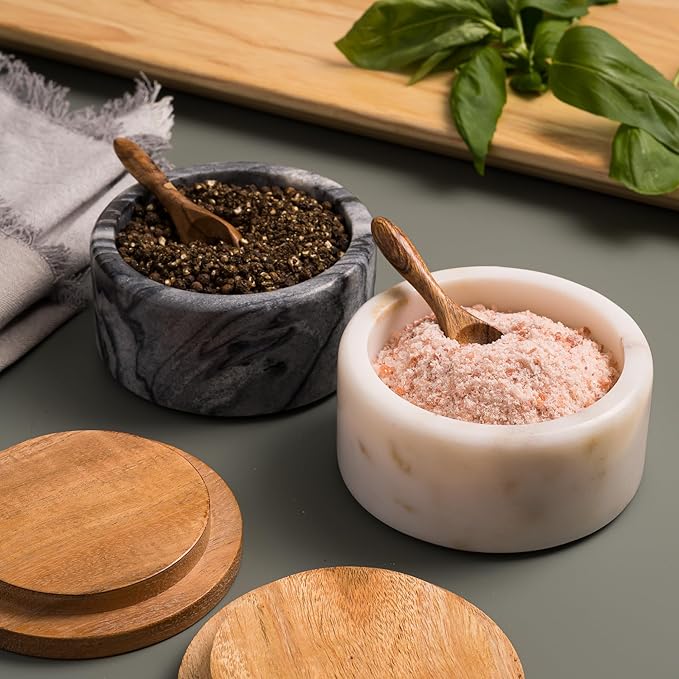 Cork & Mill Marble Salt and Pepper Bowls - Set of 2 Handcrafted White/Grey Solid Marble Salt and Pepper Cellars with Lids and Spoons - Elegant Containers for Countertop or Table