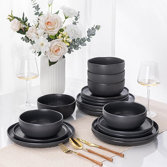 AmorArc Ceramic Dinnerware Sets, Wavy Rim Stoneware Plates and Bowls Sets, Highly Chip and Crack Resistant | Dishwasher & Microwave & Oven Safe Dishes set, Service for 6 (18pc)-Speckled Black