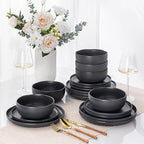 AmorArc Ceramic Dinnerware Sets, Wavy Rim Stoneware Plates and Bowls Sets, Highly Chip and Crack Resistant | Dishwasher & Microwave & Oven Safe Dishes set, Service for 6 (18pc)-Speckled Black
