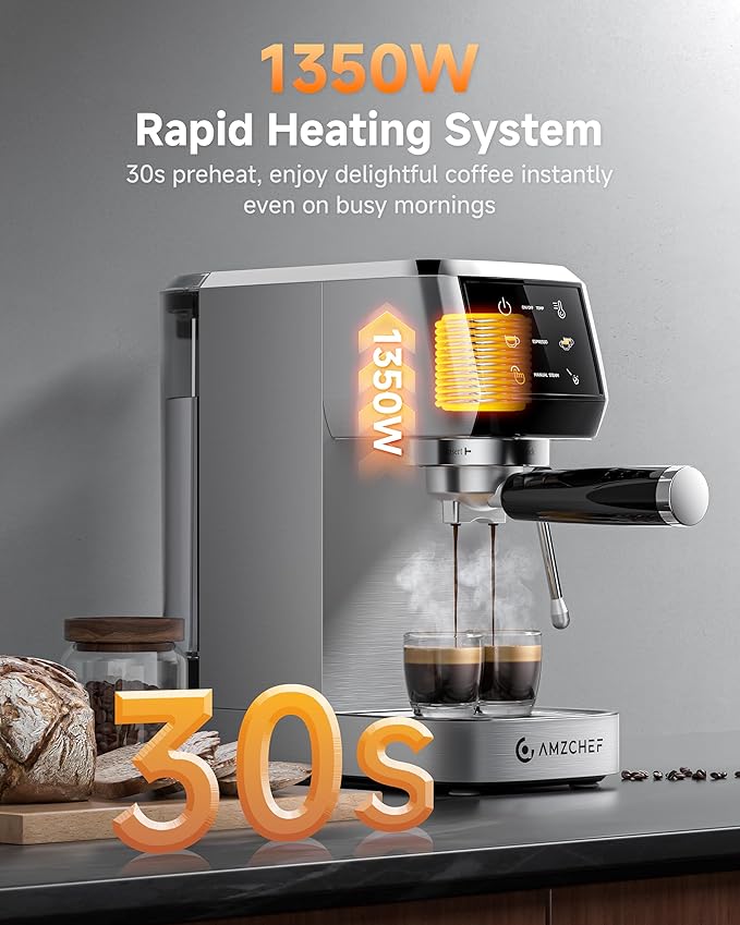 AMZCHEF Espresso Machine 20 Bar Professional Coffee Maker with Milk Frother, Adjustable Temperature & Pressure, Stainless Steel Espresso Maker for Cappuccino, Latte, Mocha, 44oz Removable Water Tank